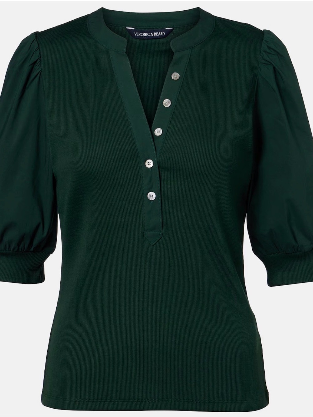 Veronica Beard Deep Green Puff-Sleeve Button Henley Top